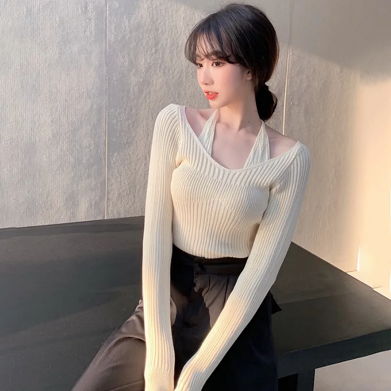 Womens Korean version Long Sleeve Sweater Off Shoulder Sexy Knitted Pullover Jumper Sweaters Knit Sweater Casual Loose Blouse