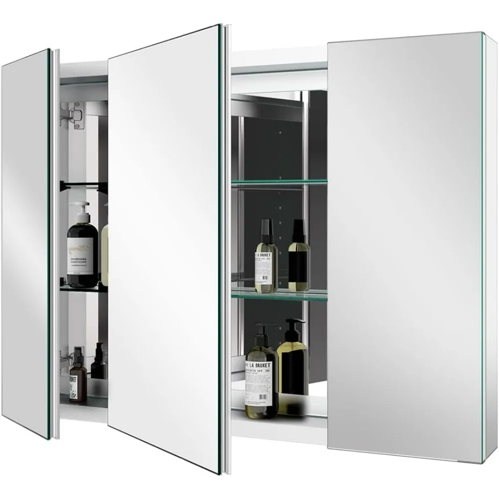 Aluminum Medicine Cabinet with 3 Doors Recessed or Surface Mount Large Bathroom Mirror Cabinets 36x26 Inch, Silver