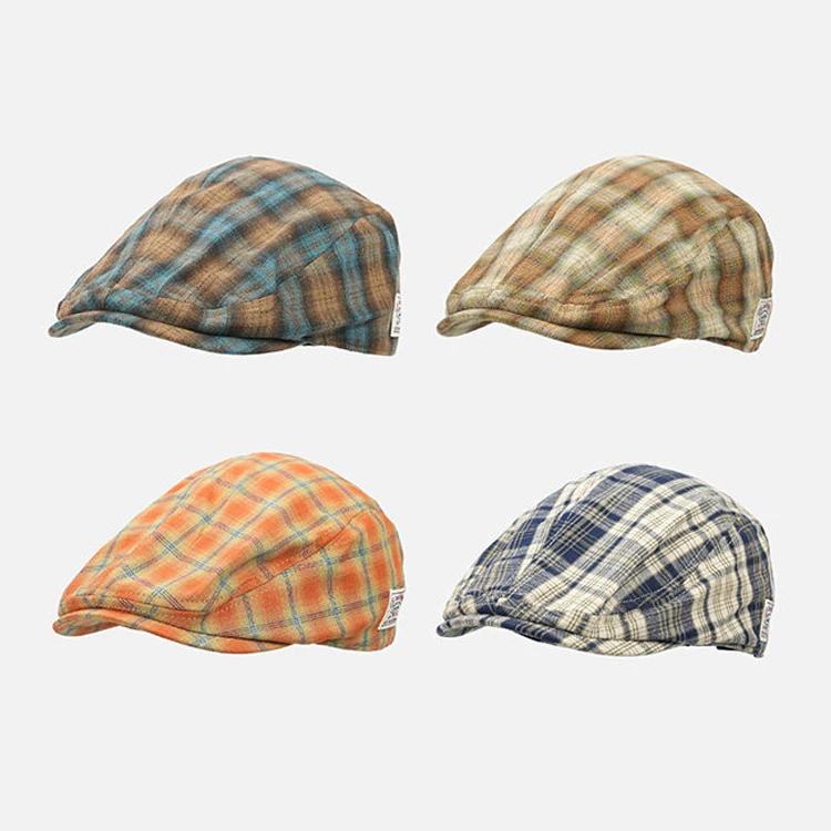 Vintage Plaid Patch Forward Cap, Unisex Versatile Wear-back Beret, Retro Unique Painter Sun Hat