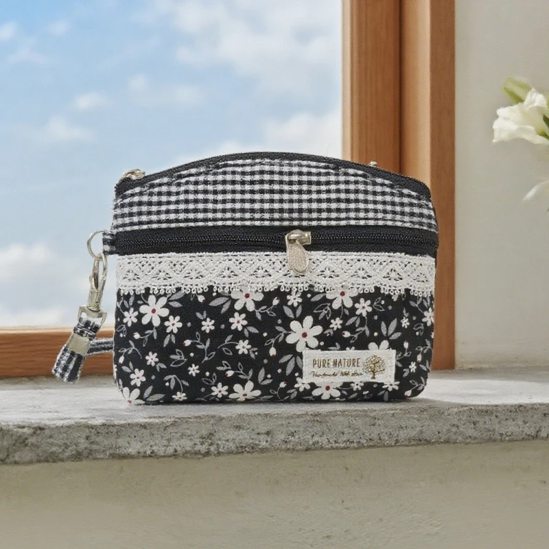 

Кошелек для монет с цветочным принтом, холщовый кошелек с двойной молнией и кружевом, сумка для ключей в стиле кантри для женщин и девочек