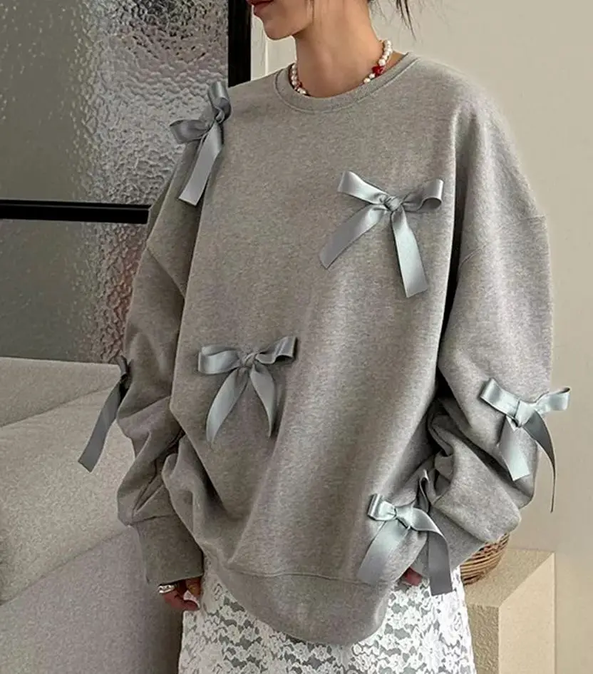 New Winter/autumn Style Three-dimensional Bow Tie Plain Color Fleece Thickened Pullover Hoodie