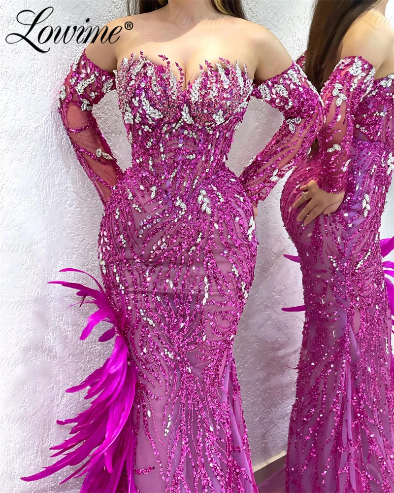 Hot Pink Sparkly Sequins Crystal Arabic Evening Dresses 2024 Custom Made Off The Shoulder Mermaid Feathers Prom Party Dress Robe