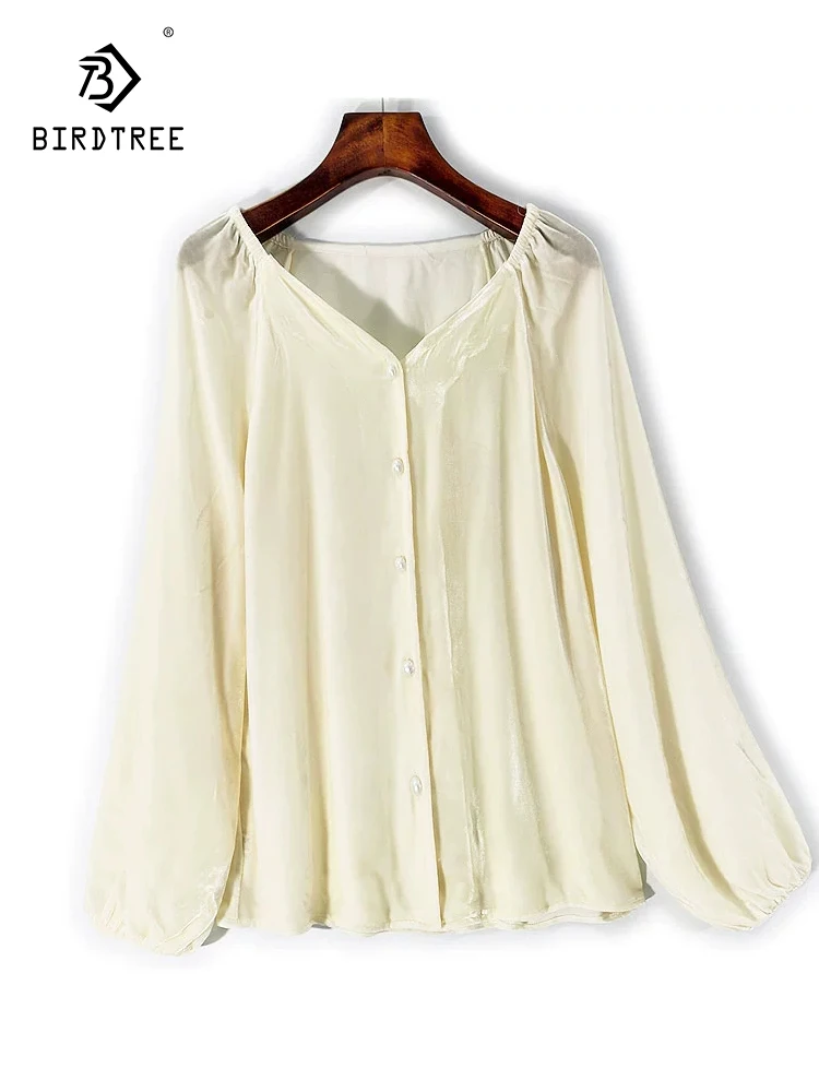 

BirdTree- Bottom Silk Elegant Velvet Shirt, Women V Neck Long Sleeve Button, Retro Commute Loose Blouse, 2025 Autumn T59030CC