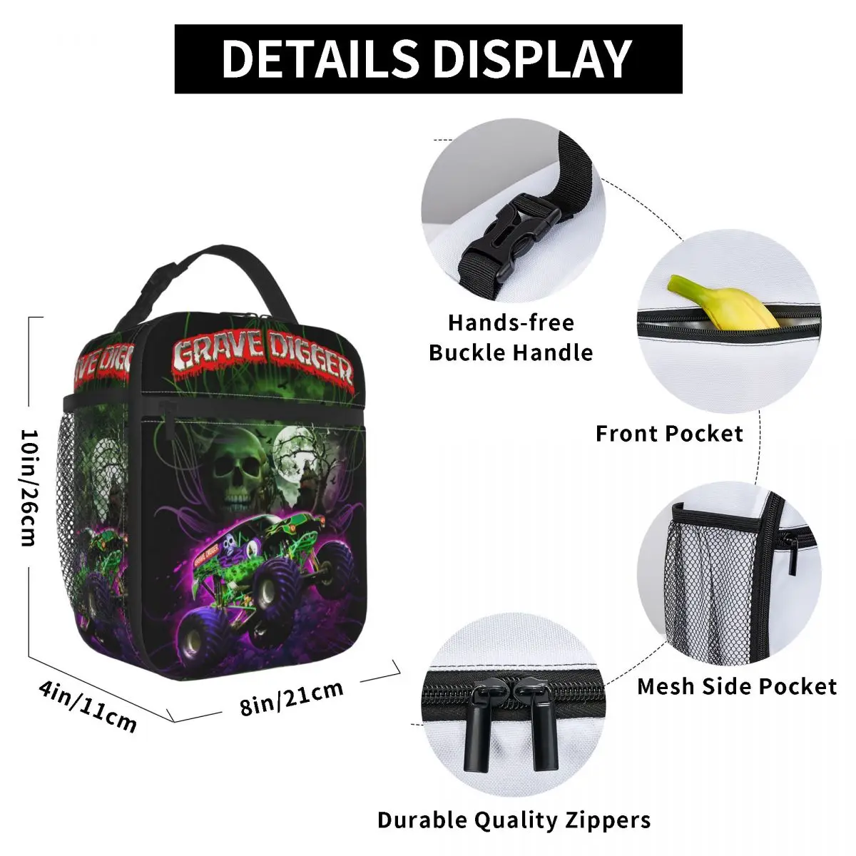 Grave Digger-Monster Jam Trucks Insulated Lunch Bag Cooler Bag Reusable Lunch Container Portable Tote Lunch Box Food Handbags