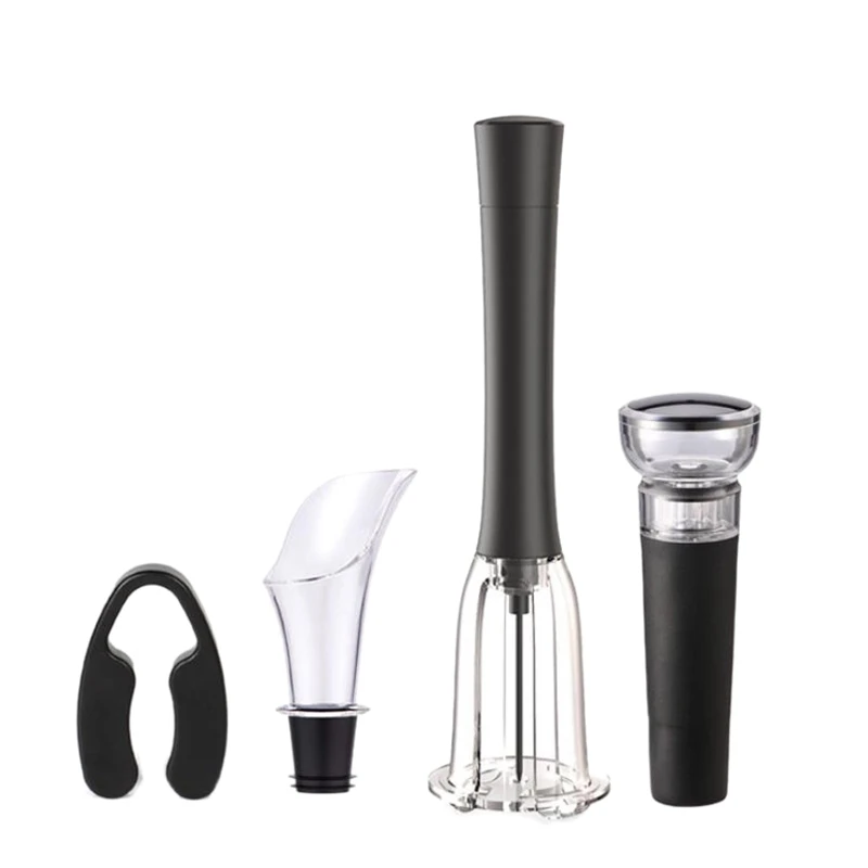 Red Wine Pneumatic Bottle Opener Wine Pourer Vacuum Wine Stopper And Paper Cutter Four Piece Sets,Black