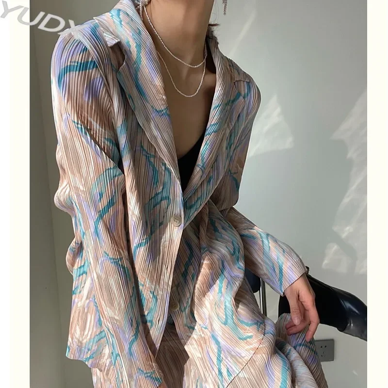 

YUDX Miyake Pleated Printed Long Sleeve Suit Jacket Coat Sleeveless Vest Top Straight Skirt Three Piece Sets Women 2023 Winter