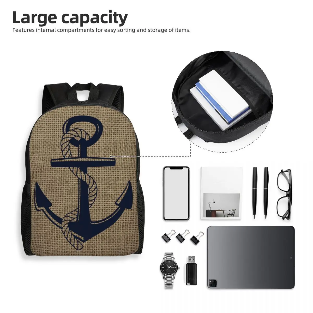 Nautical Burlap Anchor Graphic Backpacks for Boys Girls Navy Ocean School College Travel Bags Bookbag Fits 15 Inch Laptop