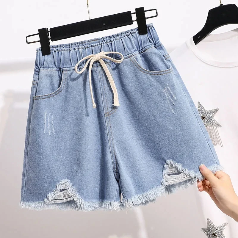Super sized Denim Shorts For Women Streetwear Summer New Elastic waist Loose Slimming High waisted Wide leg pants Rough edges