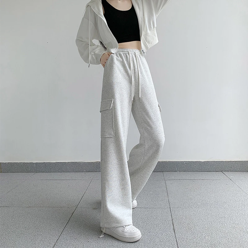 Women's High Waist Drawstring Multi Pocket Straight Leg Wide Leg Pants Spring Women's Cotton Causal Pants