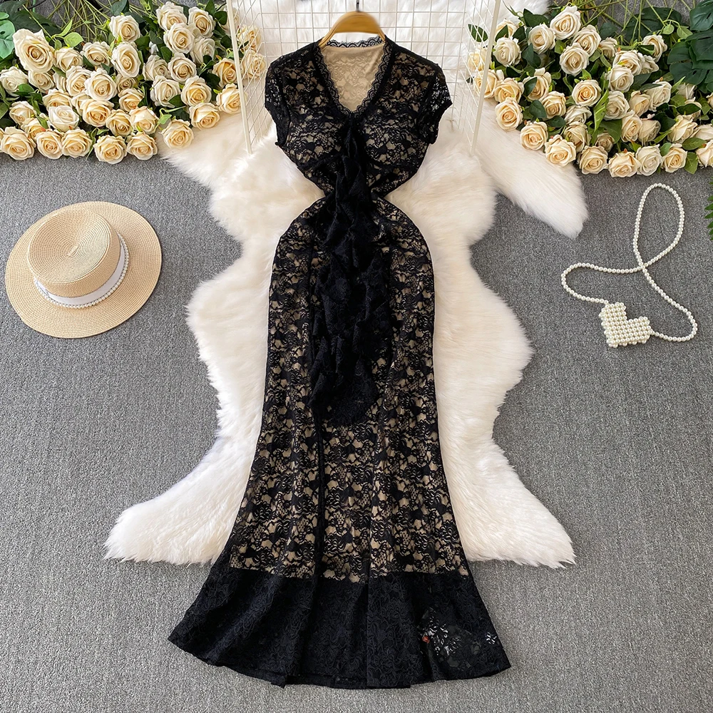 

TWOTWINSTYLE Elegant Solid Lace Dresses For Women V Neck Short Sleeve High Waist Temperament Dress Female Fashion New KDR542494