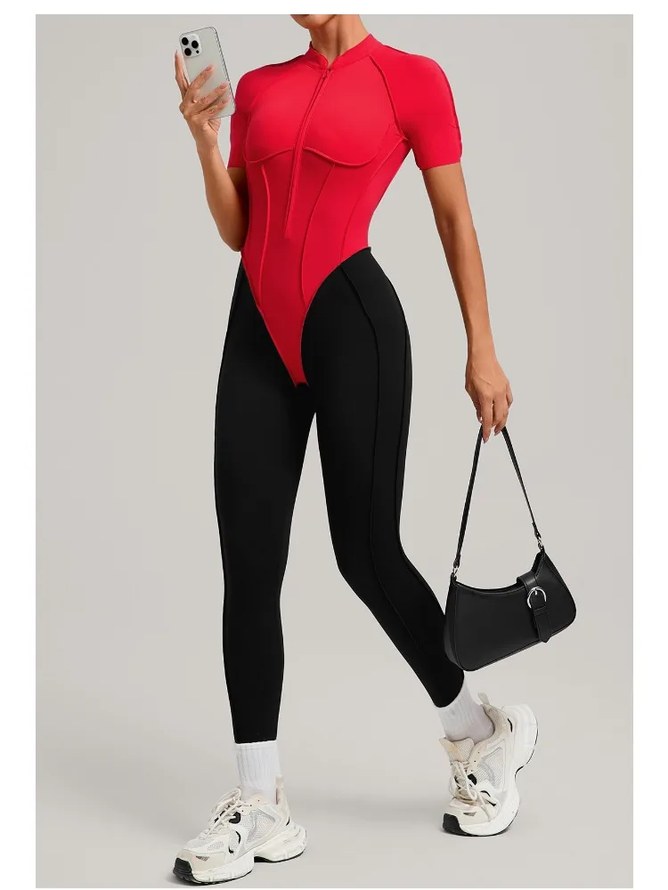 Gymdolphin Women's Red Black Color Block Short Sleeve Zipper Mock Neck Open Back Bodysuit Sports Bodycon Jumpsuit Activewear