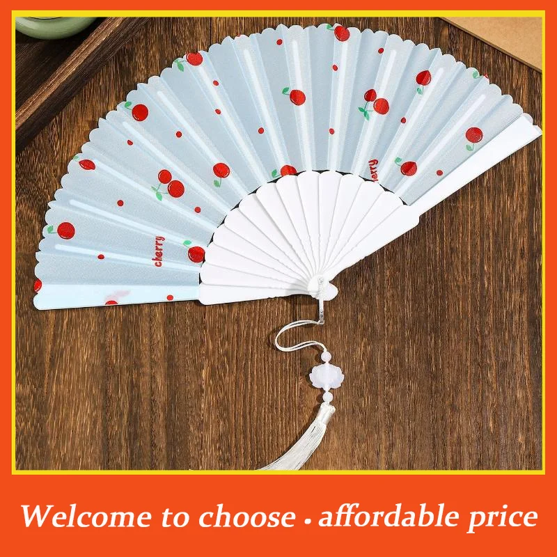 {}1pc new Summer Folding Hand Fan Cherry Lemon Fruit Pattern Portable Plastic Frame Fabric Tassel Cooling Fan For Home Women