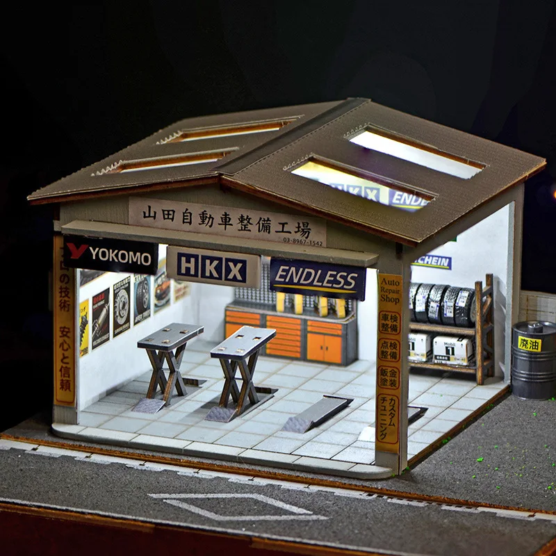 1:64 Scale DIY Auto Repair Shop Diorama Kit with LED Lights, Miniature Garage Workshop for Model Car Display