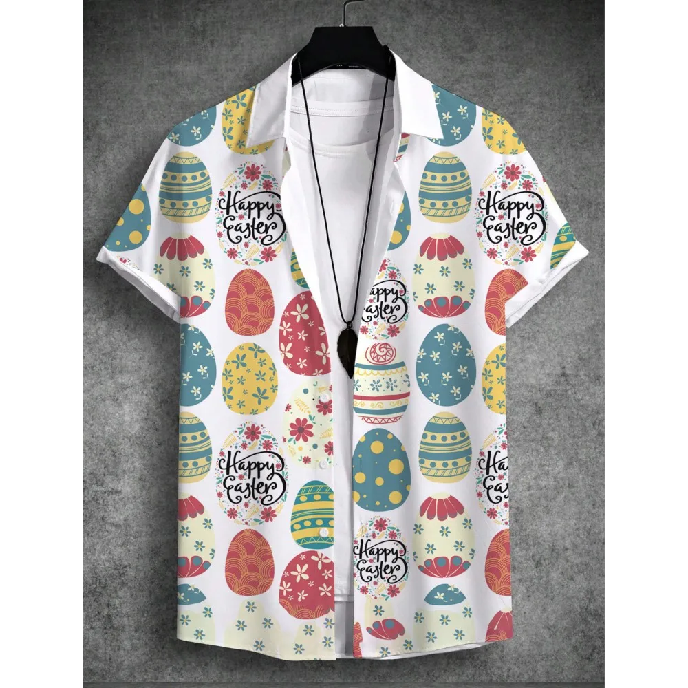 

Summer Hawaiian Shirt Unisex Shirt Rabbit Egg Happy Easter Turndown Street Outdoor Short Sleeve Button-Down Print Men's Clothing