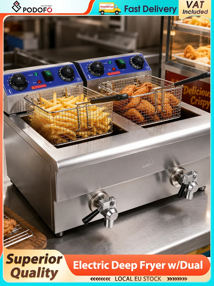 Podofo 20L Gewerbliche Elektrische Fritteuse 3000W Doppeltank-Fritteuse für Brathähnchen und Pommes Frites mit Automatischem Timer