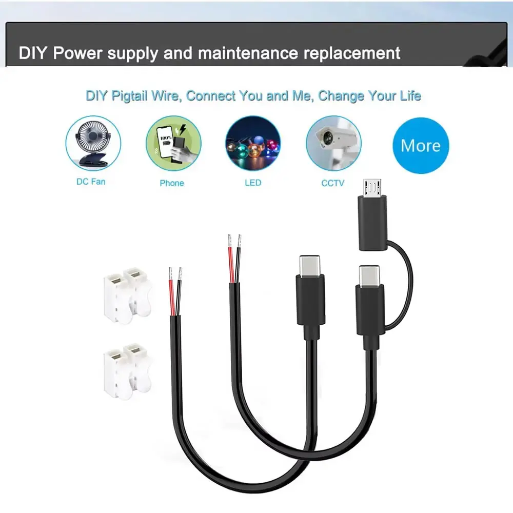 USB C 2 Pin Bare Wire Open End Power Cord, 2 Pin Pigtail to Type C/Micro USB Male DIY Cable 5V/2A, for Replacement or Repair