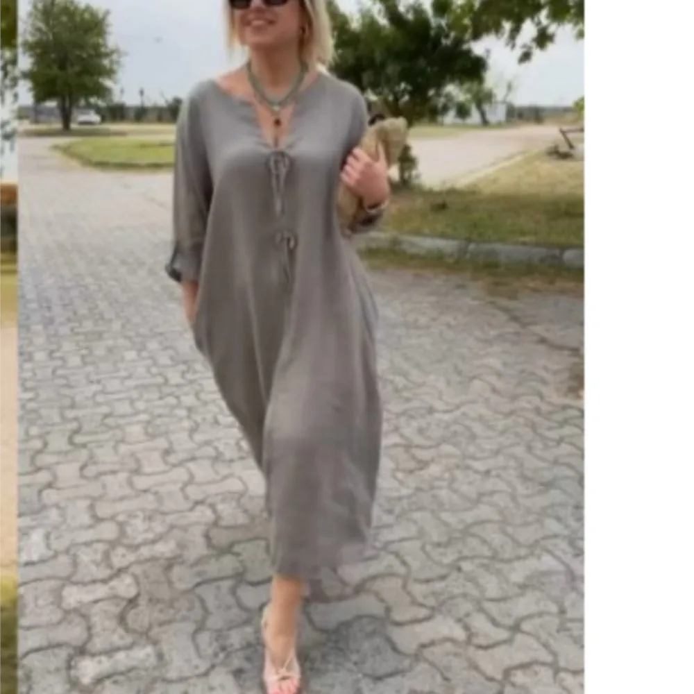 New Casual Loose Fitting Women's Solid Color Dress 2024 Women's Fashion Khaki Short Sleeved V-neck Pullover Long Dress Платье