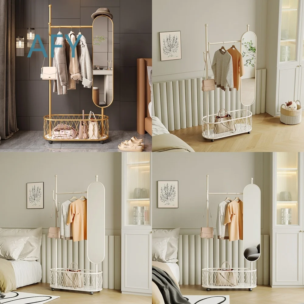 Luxury Style Full Length Floor Mirror with Rotating Clothing Rack for Bedroom Home Use Multi Functional Standing Wardrobe
