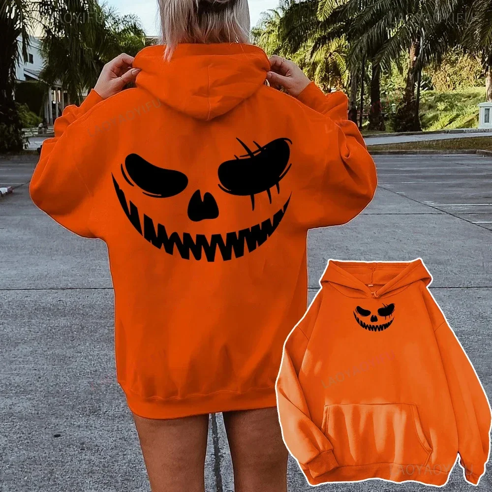 Halloween Pumpkins Orange Hoodies Casual Long Sleeves Hooded Funny Pumpkin Face Sweatshirts Halloween Couple Pullover Tops