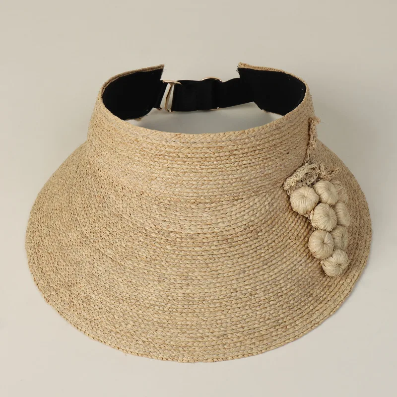 Fashion Woven Straw Sun Visor Hat for Women Lady Handmade Raffia Open Top Summer Beach Cap with Grape Design Adjustable Packable