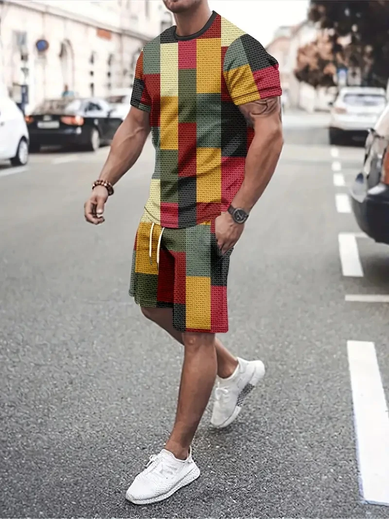 New Men's Suit Colorful Plaid Print Fashion Men's Suit Summer O-Collar Short-Sleeved Polo Shirt + Shorts Two-Piece Men's Suit