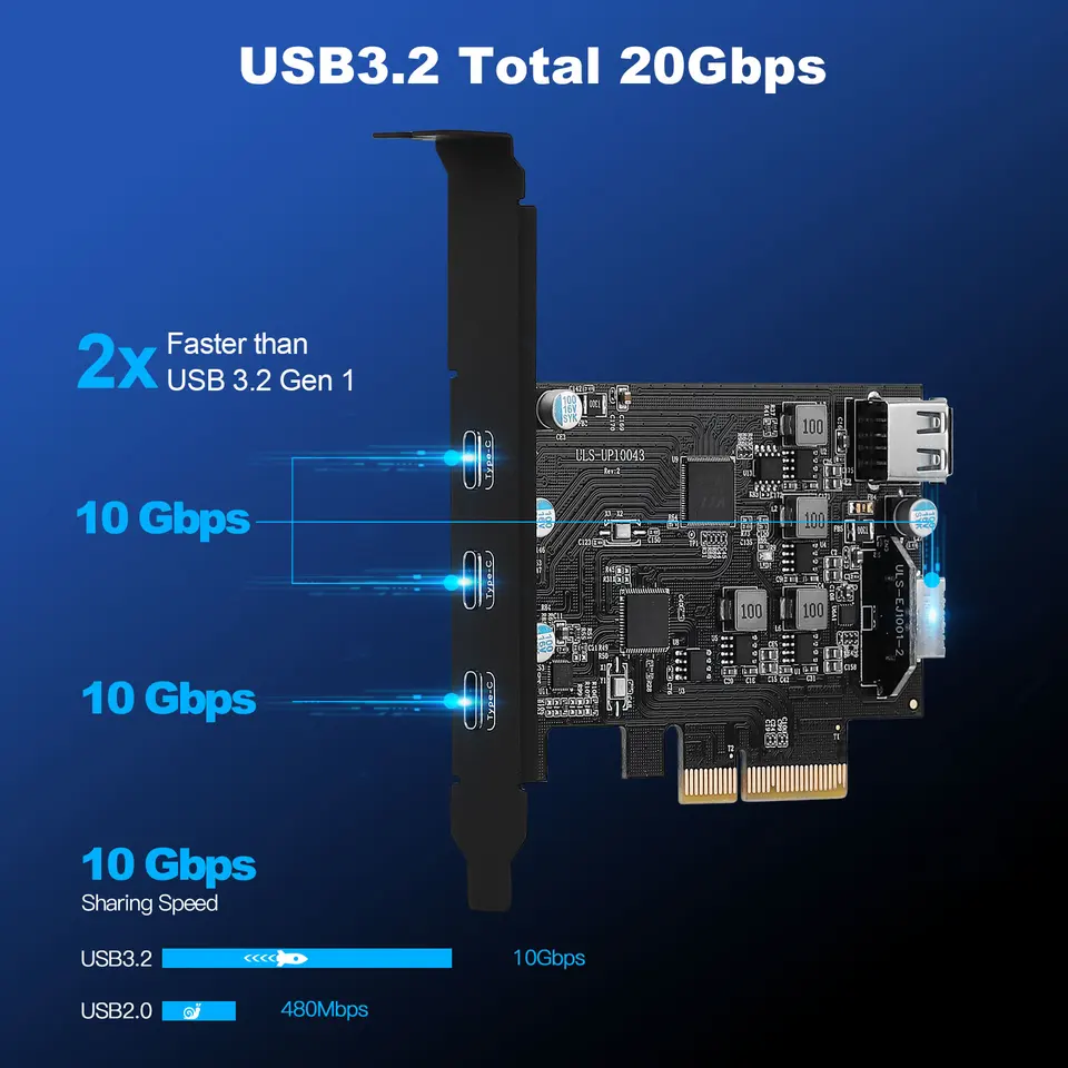PCI-e to USB 3.2 Gen 2 5ports Card with 20Gbps Bandwidth 3x USB-C