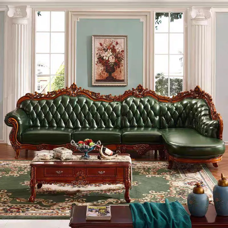 European Sofa Solid Wood Luxury L-shaped 7-character Corner Living Room High-end Leather Sofa American New Retro Furniture