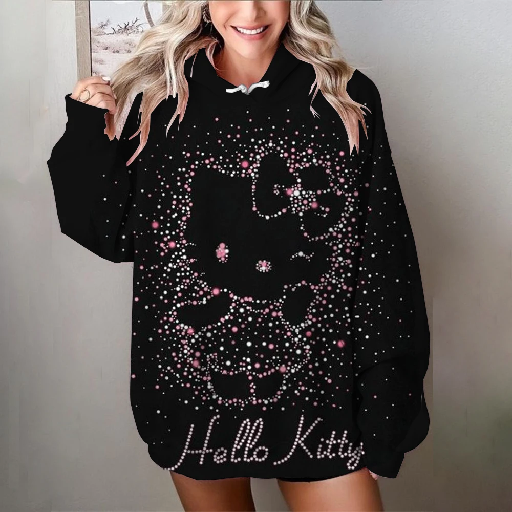 Autumn Winter Hello Kitty print Hoodies Women Harajuku Cartoon Print Sweatshirts Wild Pockets Hooded Pullovers