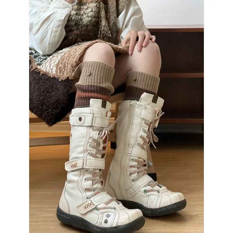 

Y2K Модные ор-сапоги Многослойные сапоги до середины икры в стиле ретро Aeyes Cross Bule Ультратонкое волокно с круглым носком Faion...