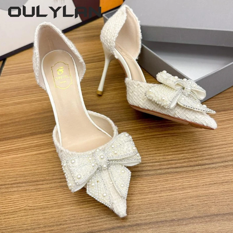 Oulylan Pearl Crystal Bowtie White Wedding Shoes Women 2024 Brand Designer High Heels Pumps LadiesThin Heeled Party Shoes