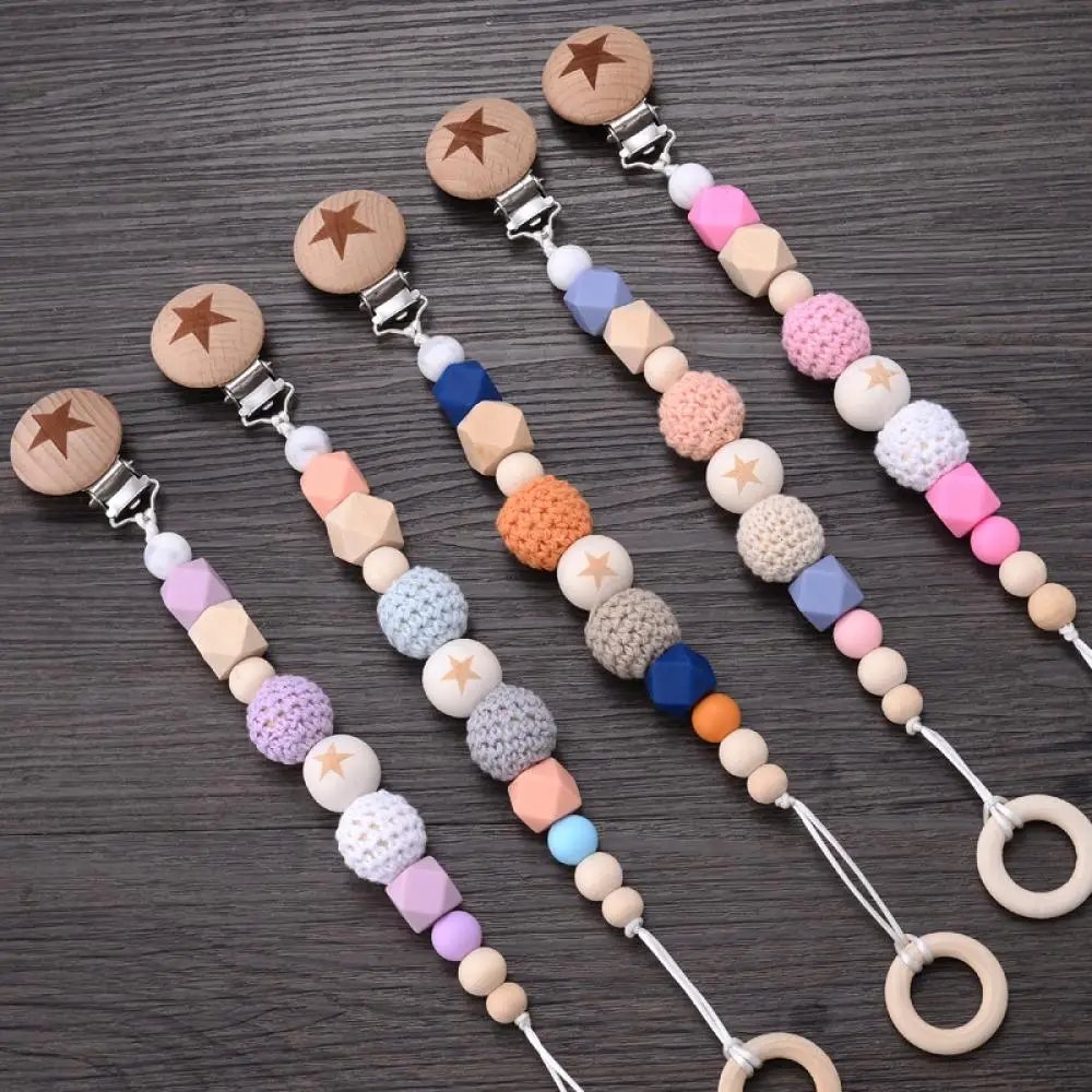 Wooden Crochet Ball Teething Ring Chain Nipple Clamp Dummy Holder Clip Chew Accessories Baby Pacifier Clips Silicone Beads