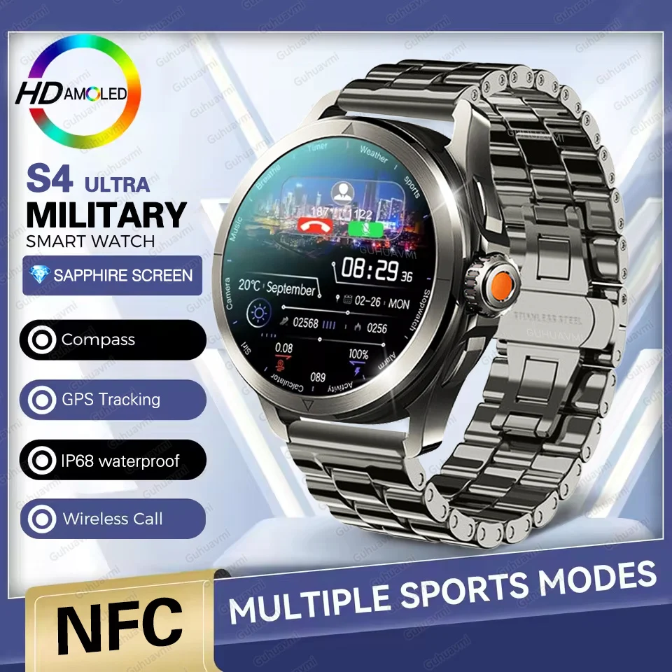 2025 S4 الترا جديد نظام تحديد المواقع المسار ساعة ذكية الرجال 360*360 AMOLED شاشة NFC BT دعوة مقاوم للماء مراقبة الصحة الذكور الرياضة Smartwatches