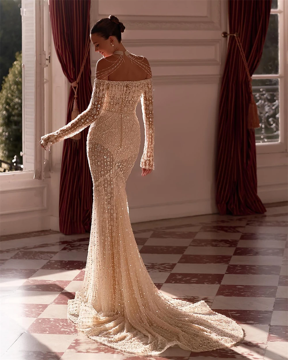 

Customized Sexy Ivory Organza Wedding Dress Formal Boat Neck Long Sleeves Bridal Gowns Boho Mermaid Court Train Vestido De Novia