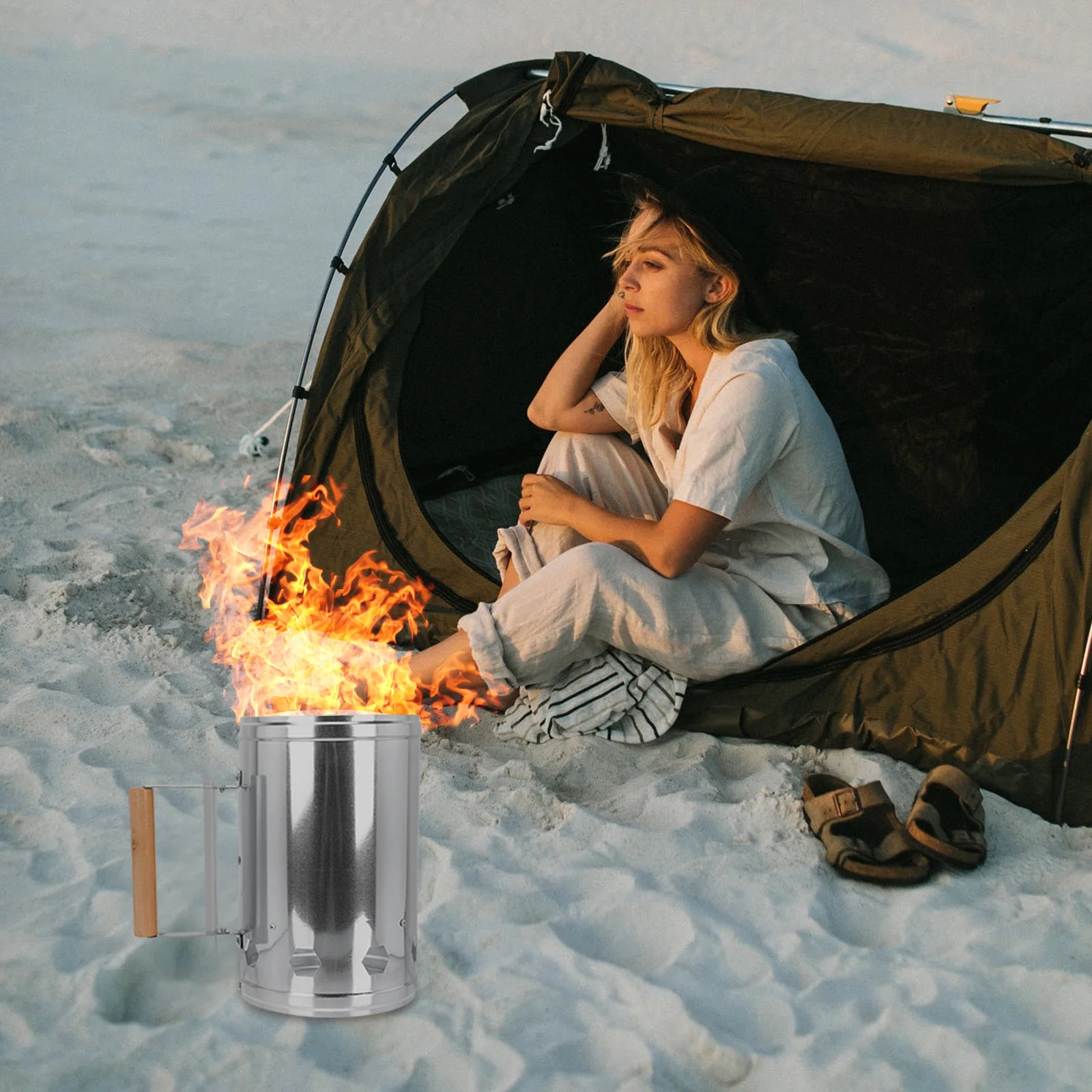 

Bbq Carbon Barrel Charcoal Metal Chimney Grill Fire Starter Rust-Resistant Heat Shield Wood Handle Outdoor Camping Grilling Fast