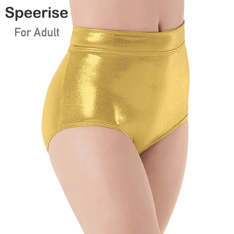 Speerise Adult Women Shiny Metallic Spandex Ballet Dance Briefs Jazz Clubwear Nylon Mid Waist Cheer Booty Dance Bottoms Shorts