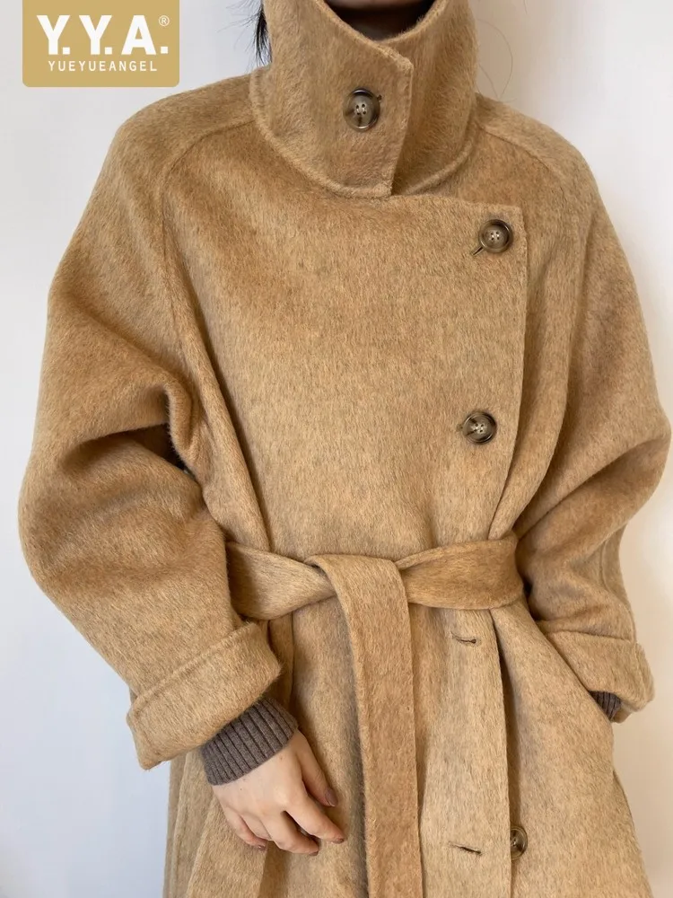 Fashion Womens Long Sleeves Stand Collar Solid Color Woolen Coat Warm Long Loose Single Breasted Sashes Lady Winter Outerwear