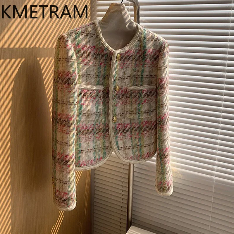 KMETRAM Real Wool Tweed Jackets Pink Short Jacket High Quality New in Outerwear Fall Clothes Women 2024 Chaquetas Para Mujer