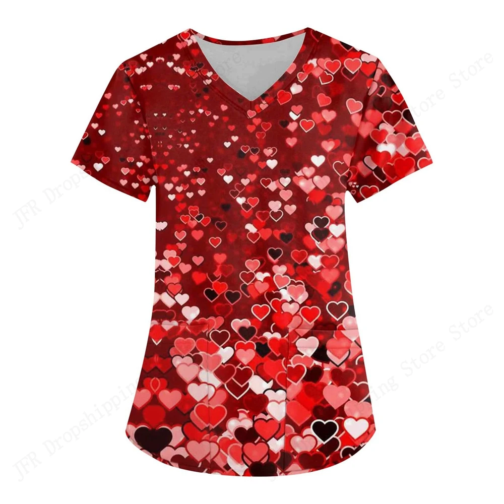 Cartoon Nurse Uniform Lovely Love Heart V-Neck Nursing Scrubs Tops Working Tshirt Women Fashion Medical Uniforms Valentine Day