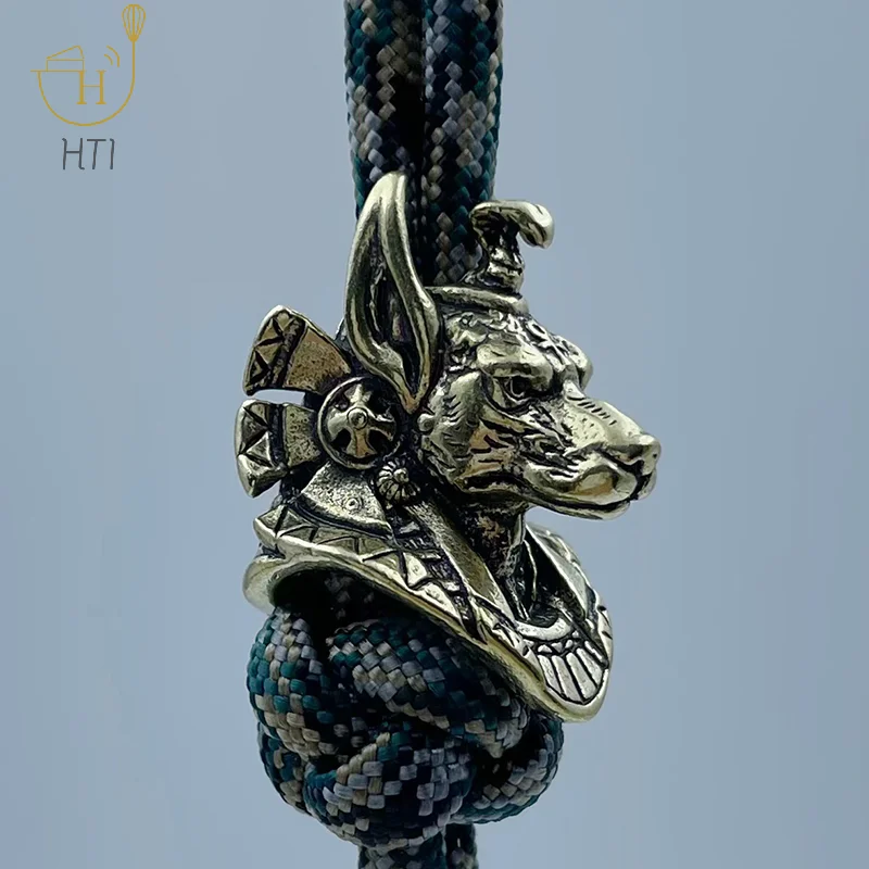 DIY Woven Lanyard Pendants Ancient Egypt Death God Jackal Head Brass EDC Knife Beads Jewelry Outdoor Accessories