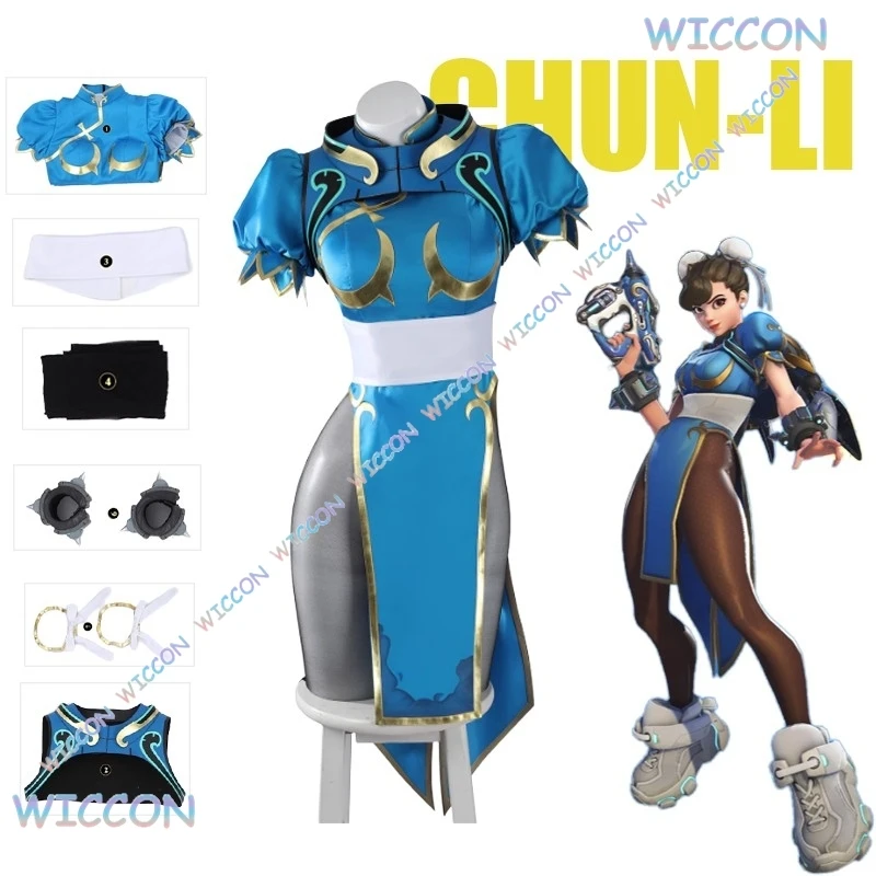 فستان جونو التأثيري زي لعبة SF OW Chunli لعب الأدوار الأزرق تشيباو الزي مجموعة كاملة شعر مستعار الكونغ فو بدلة حفلة الهالوين للمتعة