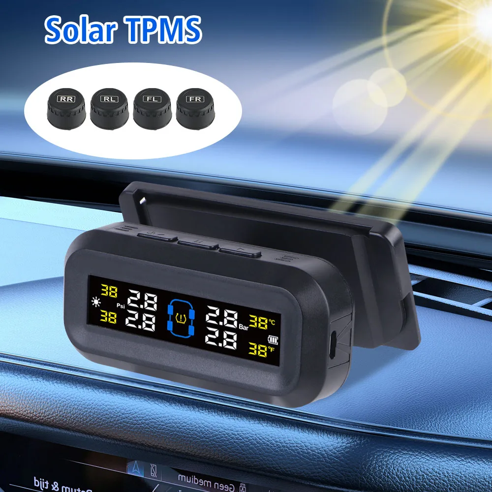 Tire Pressure Monitoring System Solar USB Powered Digital LCD Display Car TPMS Tyre Temperature Monitor Auto Security Alarm