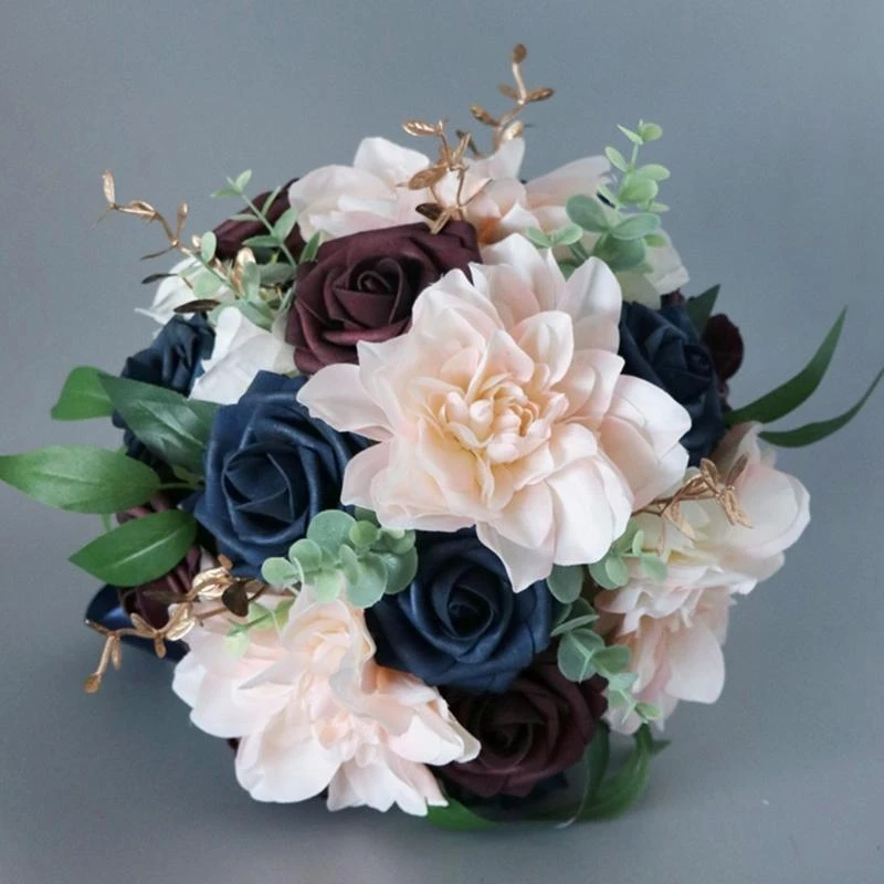 Bridal Bouquet Real for Touch Blooming Pink Burgundy & White- Roses Wedding Flowers for w/ Green Leaves Branches 15UB