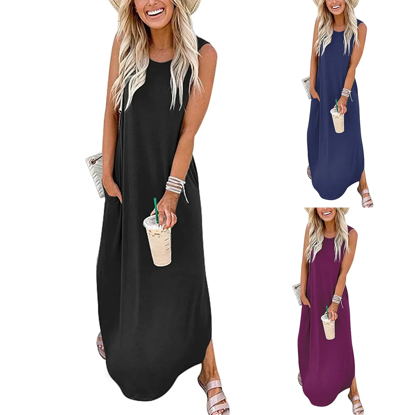 

2025 New Women's Casual Loose Sundress Long Dress Sleeveless Split Maxi Dresses Summer Beach Dress with Pockets