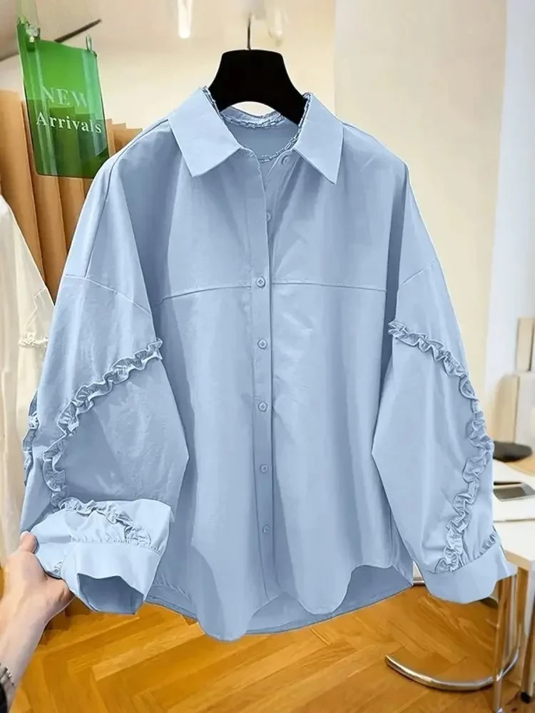 

Осень 2024, однотонные туники с рюшами, повседневные свободные блузки размера плюс 5XL, VONDA, женские модные блузки, рубашки с длинными рукавами-фонариками