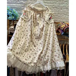 Women Vintage Cotton Linen Floral Embroidery Ruffled Lace Long Skirt Mori Girl Cottage Core Retro Shabby Chic Sweet Kawaii Skirt