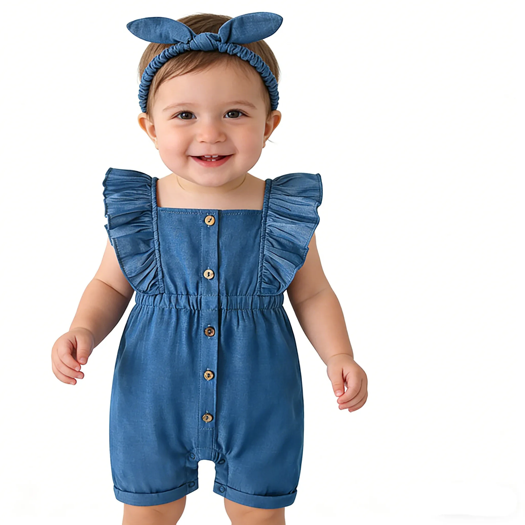 

Летний джинсовый комбинезон для маленьких девочек с рюшами и повязкой на голову, повседневный, для отпуска, дня рождения, фотосессий