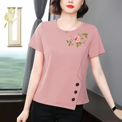 Women's 2024 Summer Pullover Round Neck Panel Asymmetric Button Western Pure Cotton Slimming Print Short Sleeve T-shirt Tops