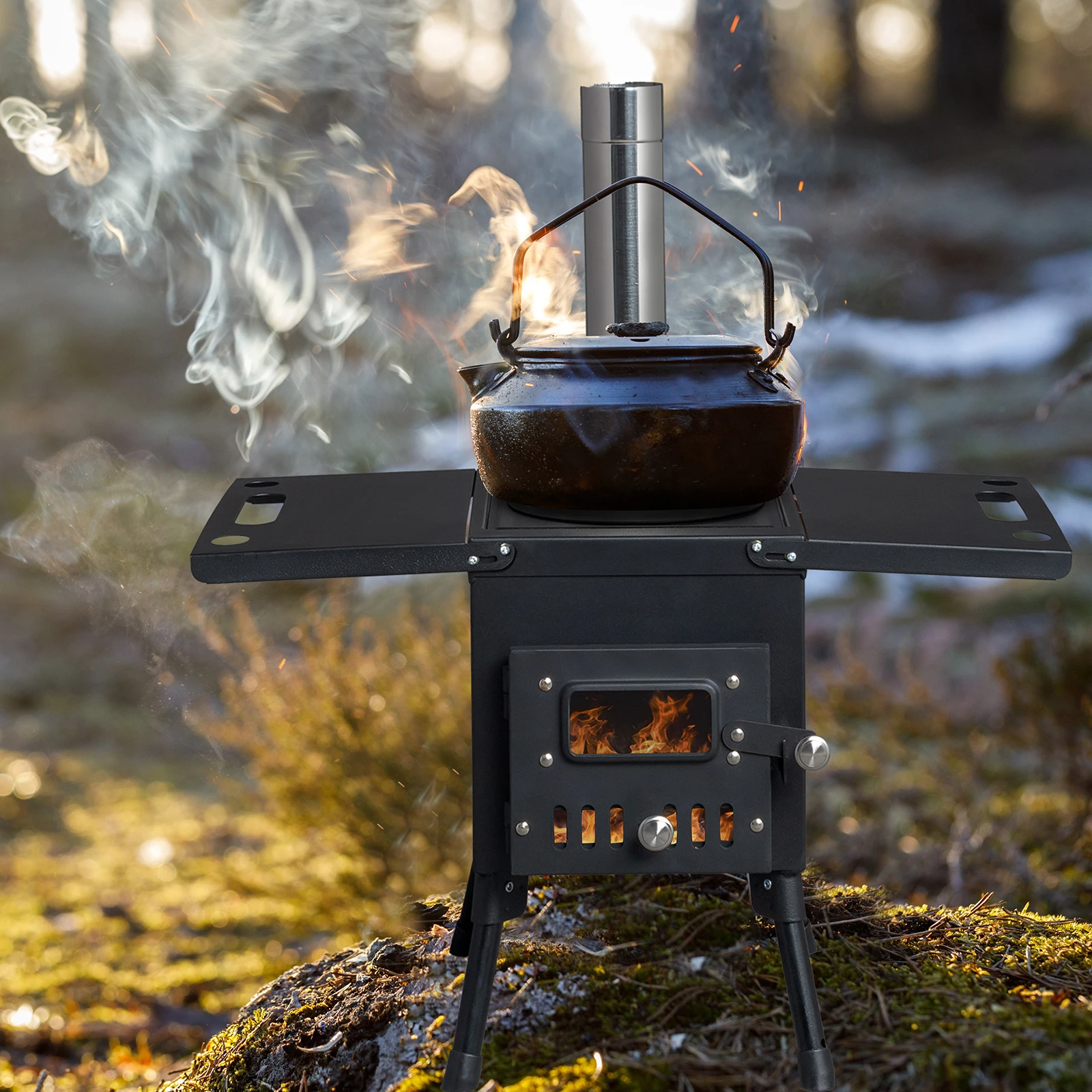 Camping Tent Stove, Wood Burning Stove with 3 Chimney Pipe, Wood Burning Stove Portable Stove for Outdoor Cooking