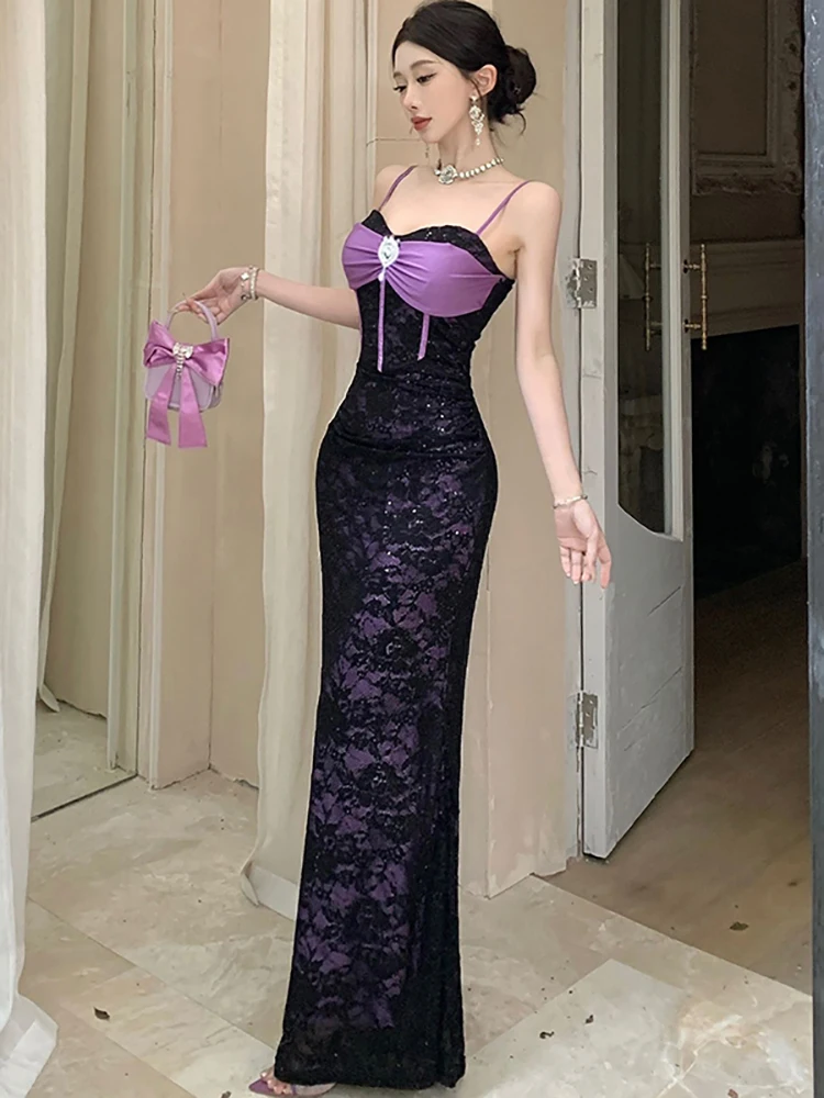 2025 schwarz Spitze Patchwork Lila Elegante Luxus Kleid Frauen Sexy Sling Prom Kleid Sommer Koreanische Vintage Bodycon Abendkleider