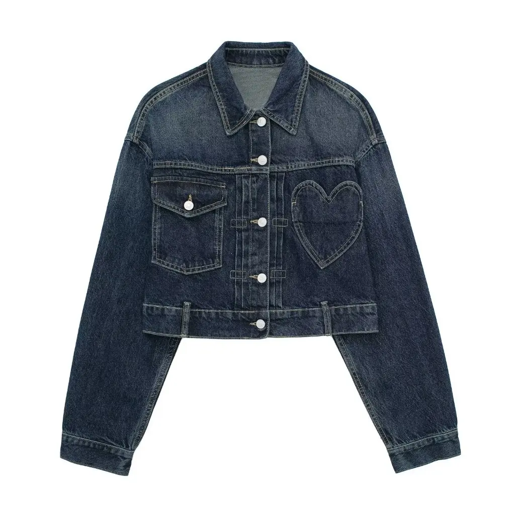

Women's Large Size Denim Jacket Spring Autumn New European American Style with Heart-Shaped Pocket Fashion for Ladies